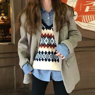 Single-breasted Thick Blazer / Plain Shirt / Patterned Knit Vest