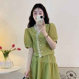 Short-sleeve Plaid Blouse / Skirt