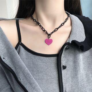 Heart Pendant Alloy Chunky Chain Choker 1 Pc - Heart Pendant Alloy Chunky Chain Choker - Black & Pink - One Size