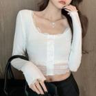 Long-sleeve Lace Trim Buttoned Cropped Top