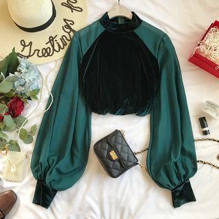 Lantern-sleeve Chiffon Panel Velvet Pullover