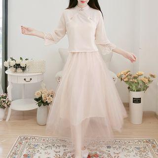 Set: Lace Trim Elbow-sleeve Top + Midi A-line Skirt