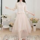 Set: Lace Trim Elbow-sleeve Top + Midi A-line Skirt