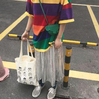 Elbow-sleeve Striped T-shirt / Metallic Accordion Pleat Midi Skirt