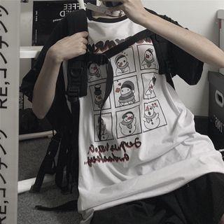 Short-sleeve Graphic Print Raglan T-shirt Black Sleeves - White - One Size