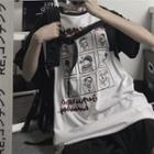 Short-sleeve Graphic Print Raglan T-shirt Black Sleeves - White - One Size