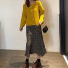 Long-sleeve Ruffle-trim Plain Knit Cardigan / High-waist Floral Slit Skirt
