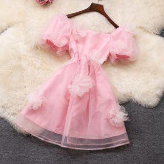 Puff-sleeve Mesh Overlay Mini A-line Dress