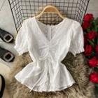 V-neck Drawstring Eyelet-lace Blouse