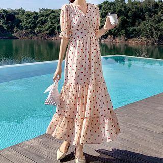 Short-sleeve V-neck Dotted Midi A-line Chiffon Dress