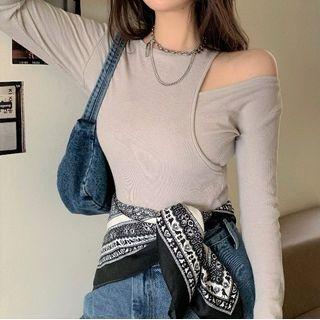 Long-sleeve Mock Two-piece Top Gray - One Size