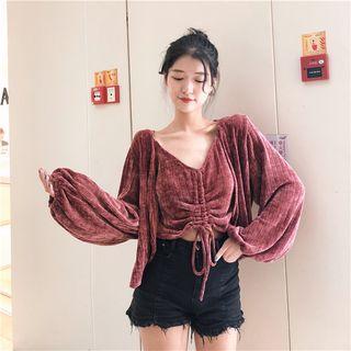Set: Balloon-sleeve Open-front Jacket + Spaghetti Strap Drawstring Crop Top Top - One Size / Jacket - One Size