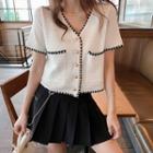 Short-sleeve Embroidered Trim Buttoned Jacket