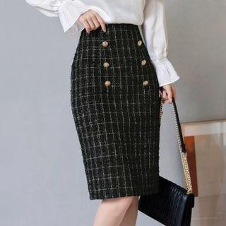 Tall Size Button-trim Check Pencil Skirt