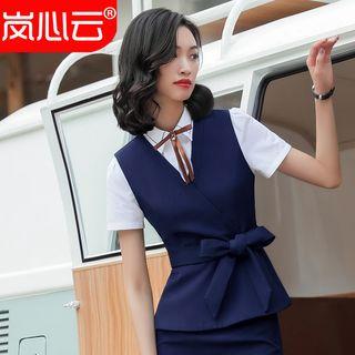 Tie-front Vest/ Slim-fit Dress Pants/ Mini Pencil Skirt/ Bow Accent Short-sleeve Shirt/ Set