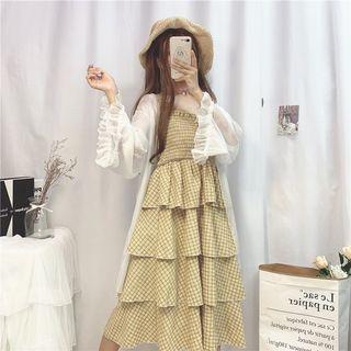 Check Strappy Tiered Midi Dress / Light Jacket