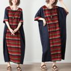 Striped Panel Elbow-sleeve Loose-fit Maxi Dress