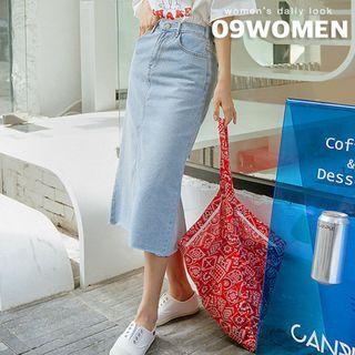 Plus Size Distressed A-line Midi Denim Skirt