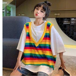 Elbow-sleeve T-shirt / Striped Vest