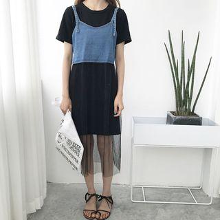 Set: Short-sleeve T-shirt Dress + Denim Strappy Dress