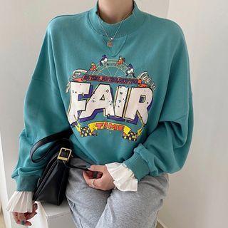 Mock-neck Lettering Long-sleeve Sweatshirt Green - One Size
