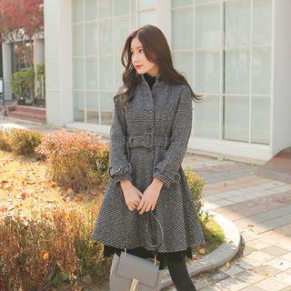 Glen-plaid A-line Coat With Belt