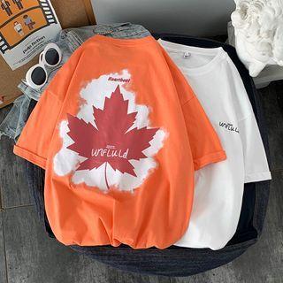 Elbow-sleeve Leaf Printed T-shirt