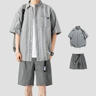 Elbow-sleeve Striped Shirt / Wide Leg Shorts
