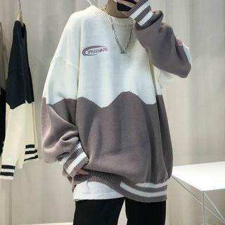 Color-block Striped Embroider Letter Sweater
