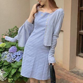Spaghetti Strap Plaid Mini A-line Dress / Plain Cardigan