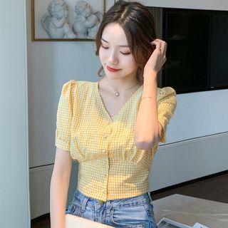 Puff-sleeve V-neck Plaid Chiffon Blouse