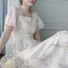 Short-sleeve Floral Print Lace Midi A-line Dress