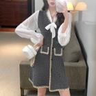 Long-sleeve Shawl-collar Plaid Panel Knit Dress Black - One Size