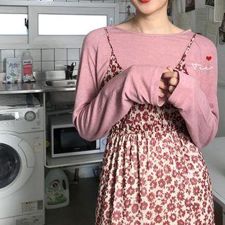 Plain Long-sleeve T-shirt/ Floral Print Spaghetti-strap Midi Dress