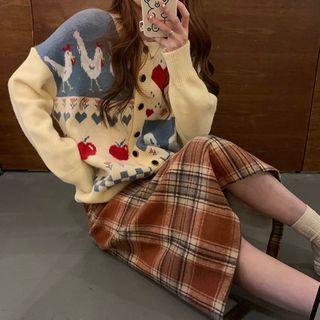 Color Block Graphic Print Cardigan / Plaid Midi Pencil Skirt