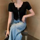 Rhinestone Zip Short-sleeve Cropped T-shirt