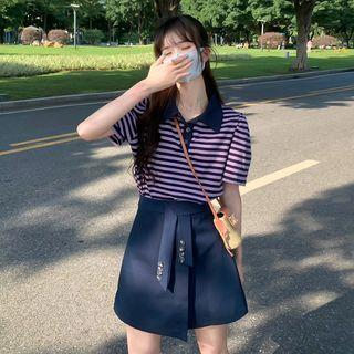 Short-sleeve Striped Polo Shirt / Tie-side A-line Skirt