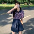 Short-sleeve Striped Polo Shirt / Tie-side A-line Skirt