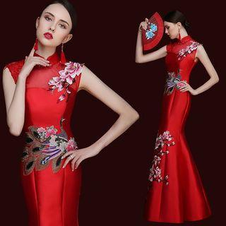 Embroidered Sleeveless Mandarin Collar Mermaid Evening Gown