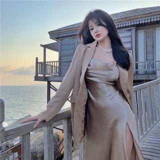 Plain Blazer / Spaghetti Strap Satin Midi Dress