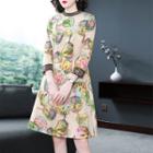 3/4-sleeve Mock Neck Print A-line Dress