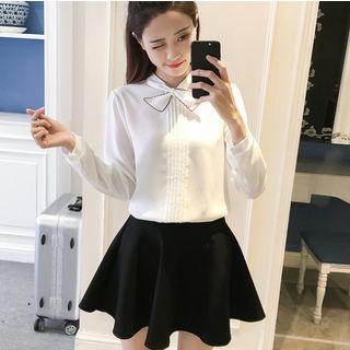 Set: Tie-neck Pleated Chiffon Blouse + A-line Skirt
