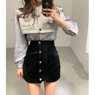 Long-sleeve Paneled Shirt / Quilted Mini A-line Skirt