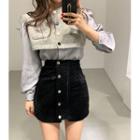 Long-sleeve Paneled Shirt / Quilted Mini A-line Skirt
