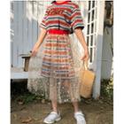 Set : Stripe Short-sleeve T-shirt Dress + Mesh Midi Skirt