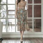 Frilled Floral Long Surplice-wrap Skirt