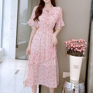 Short-sleeve Lace-up Floral Dress