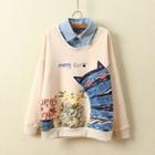 Mock Two Piece Cat Print Collared Pullover