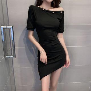 Asymmetric Elbow-sleeve Mini Sheath Dress