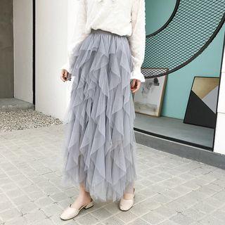 Ruffled Maxi A-line Mesh Skirt